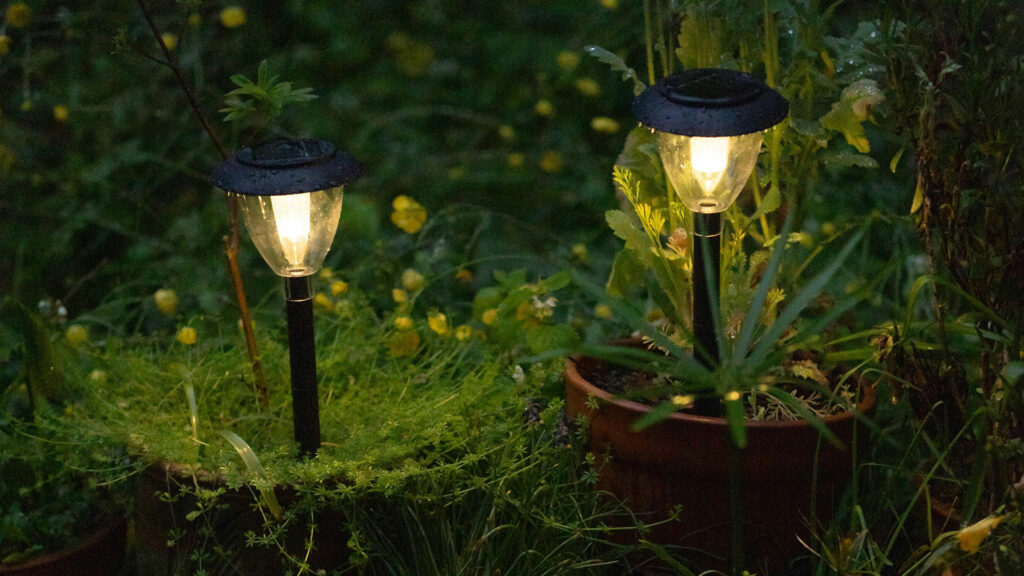 Two solar lights in a Canadian garden